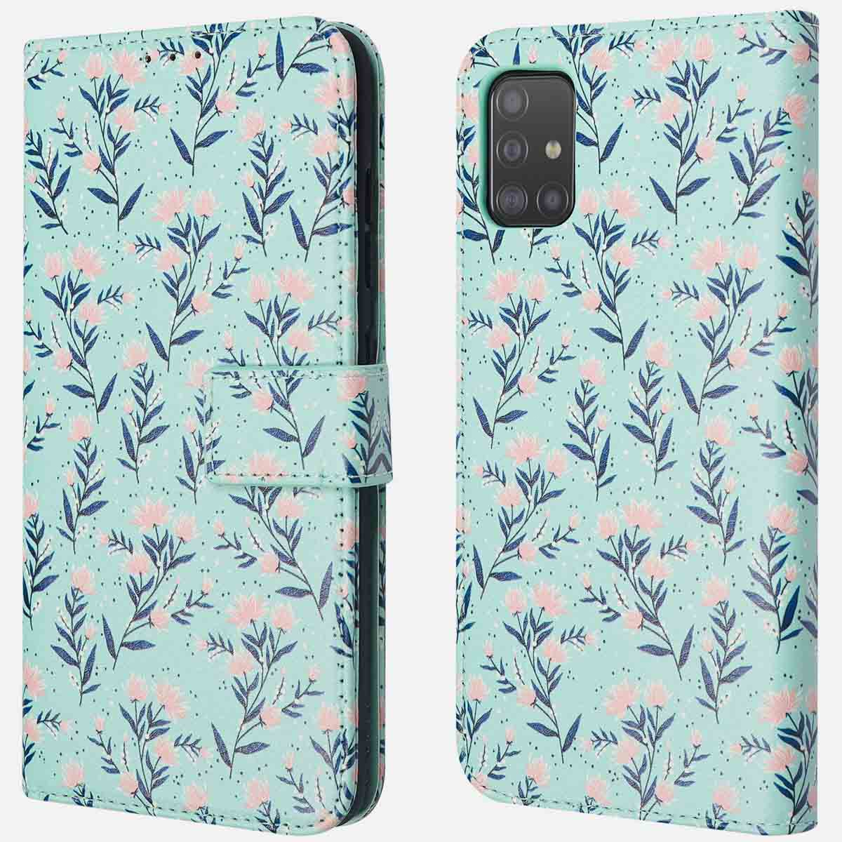 Een telefoonhoesje met een blauwgroen bloemenpatroon, open, met een telefoon erin.