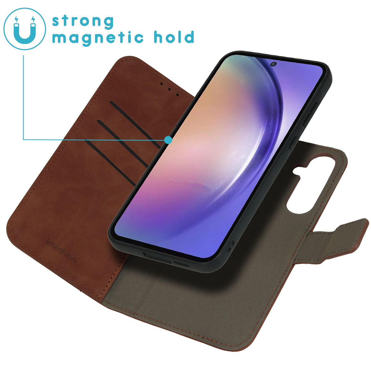 Open bruine telefoonhoes met een zwarte telefoon erin. Sterke magnetische grip wordt aangegeven.
