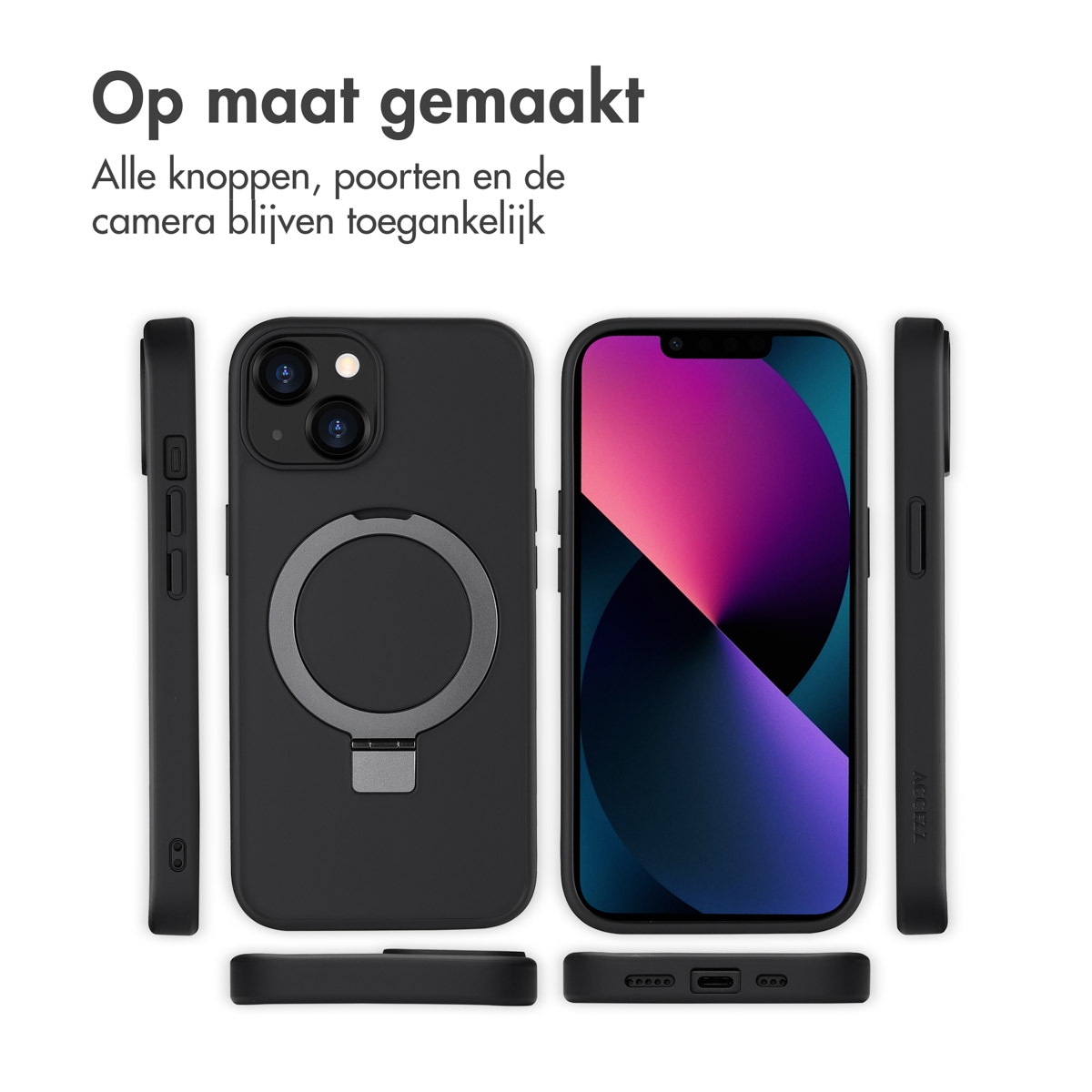 Coque de téléphone noire avec anneau. Téléphone au milieu avec écran violet et blanc.