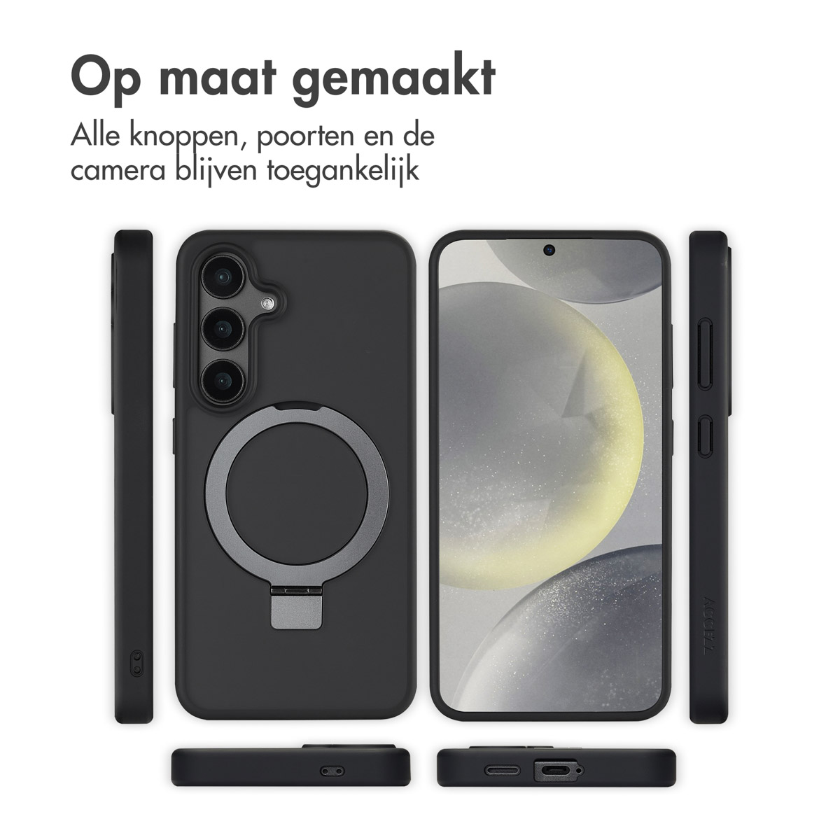 Een zwarte telefoonhoes met een ringhouder. De telefoonhoes bedekt de hele telefoon, vanuit verschillende hoeken getoond.