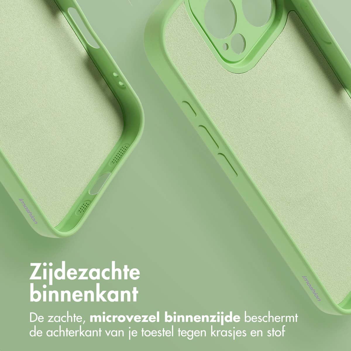 Twee lichtgroene telefoonhoesjes met zachte binnenkant op een lichtgroene achtergrond. Nederlandse tekst zegt "Zacht binnen".