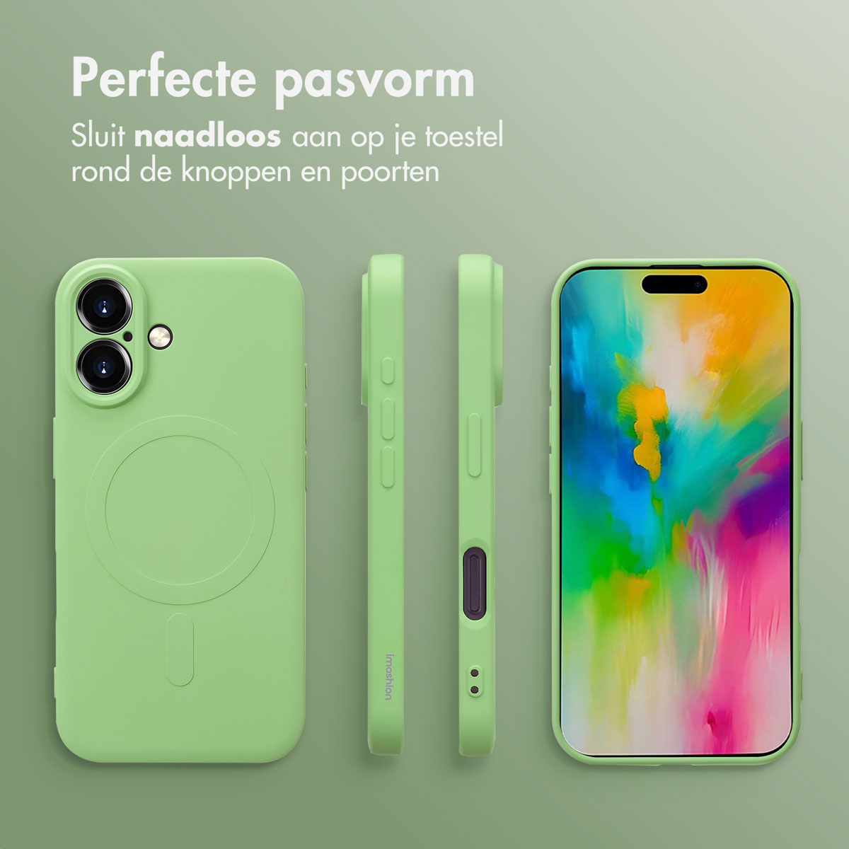 Drie telefoonhoesjes in groen, met voorkant, zijkant en achterkant. Witte achtergrond.