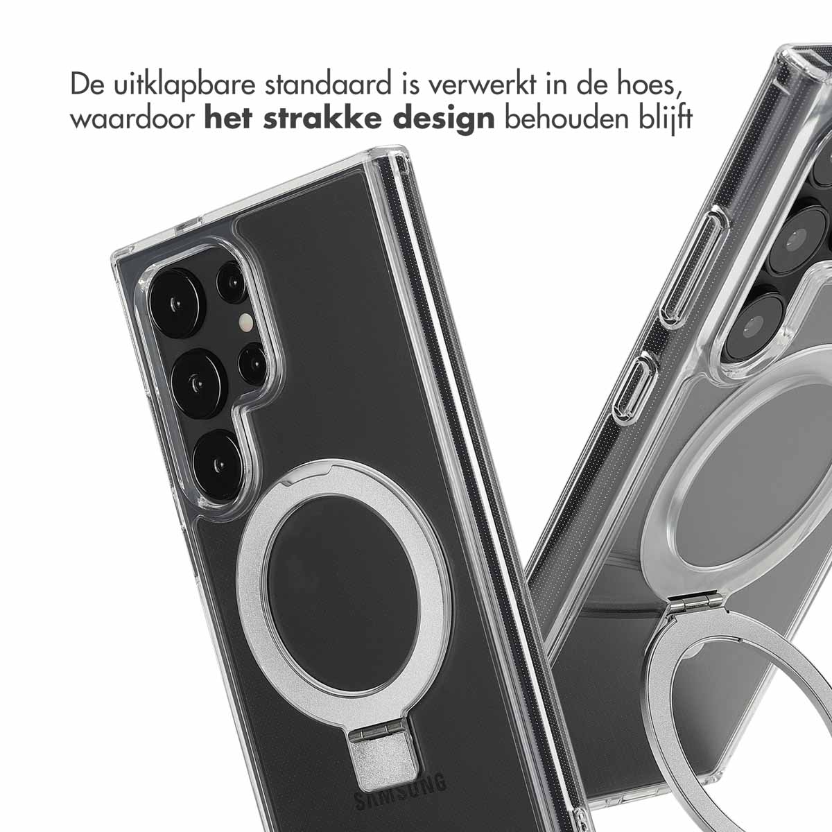 Transparante telefoonhoes met ringhouder, schuine weergave. Telefoonhoes met ringhouder op wit oppervlak.