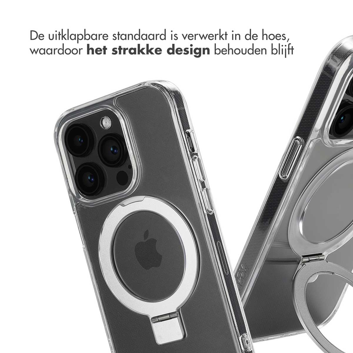 Due custodie trasparenti per telefono con porta anelli, una di lato, logo Apple visibile.