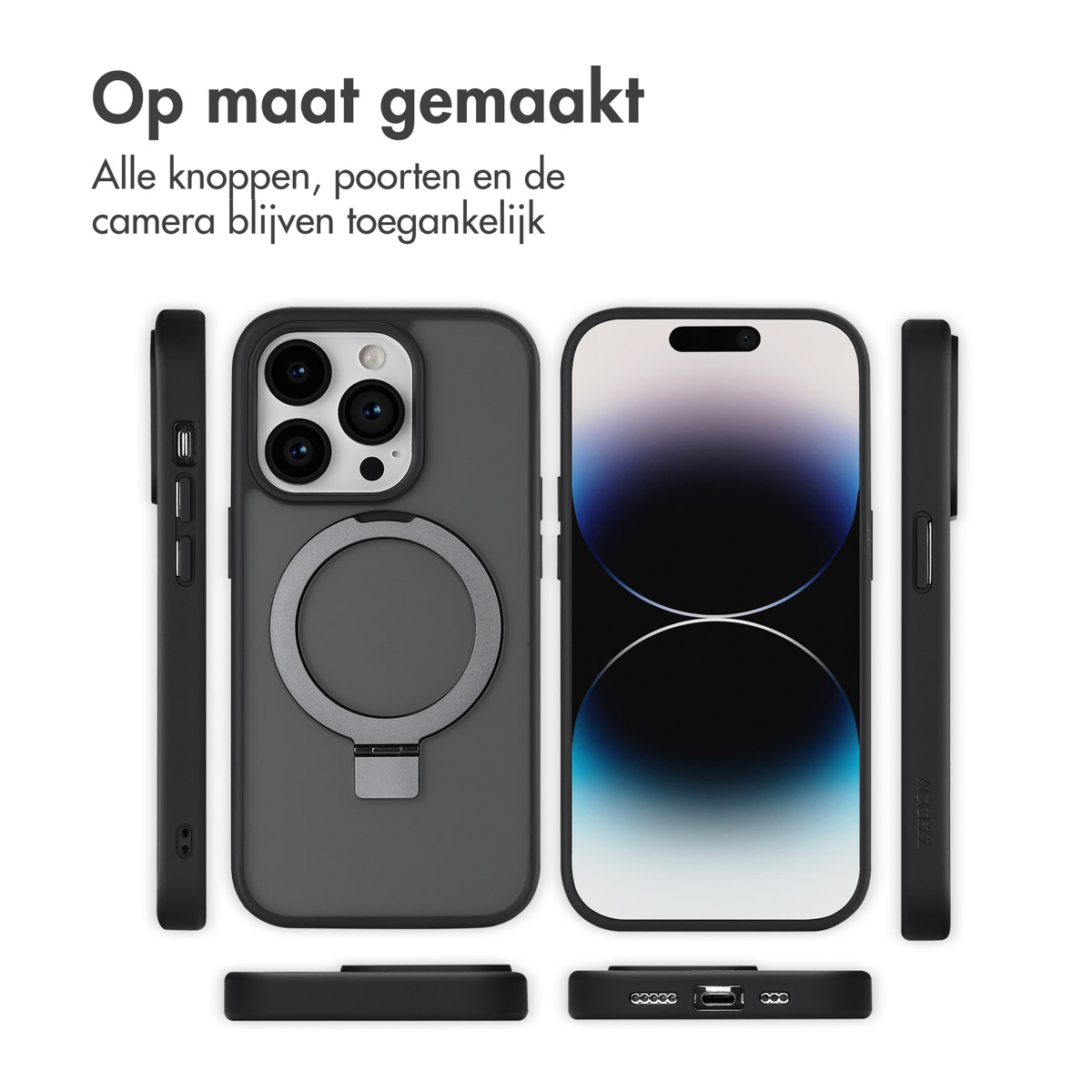 Uno smartphone con custodia e anello di supporto, mostrato da diverse angolazioni.