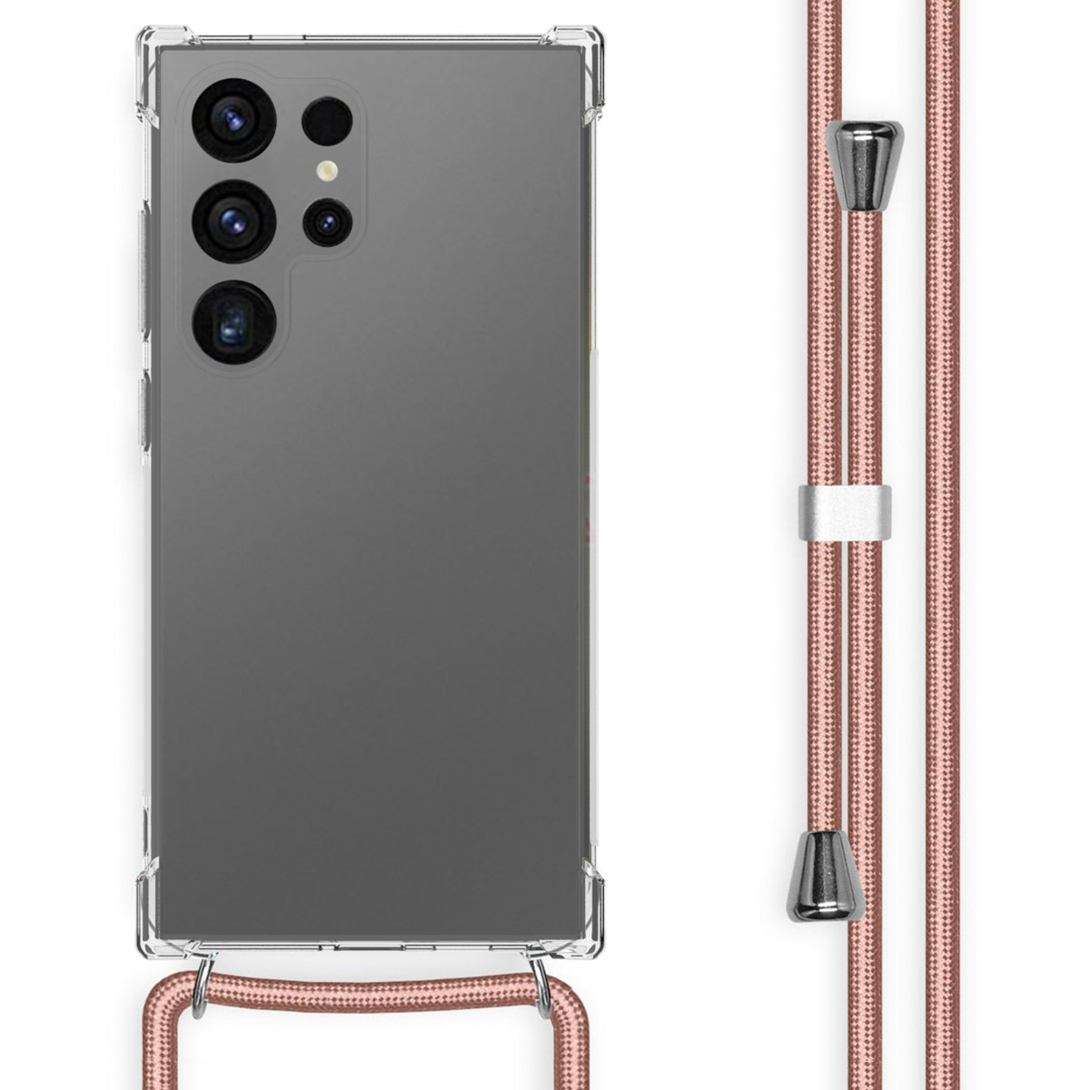 Een telefoon met een doorzichtige hoes en een roze band. De telefoon heeft meerdere camera's.