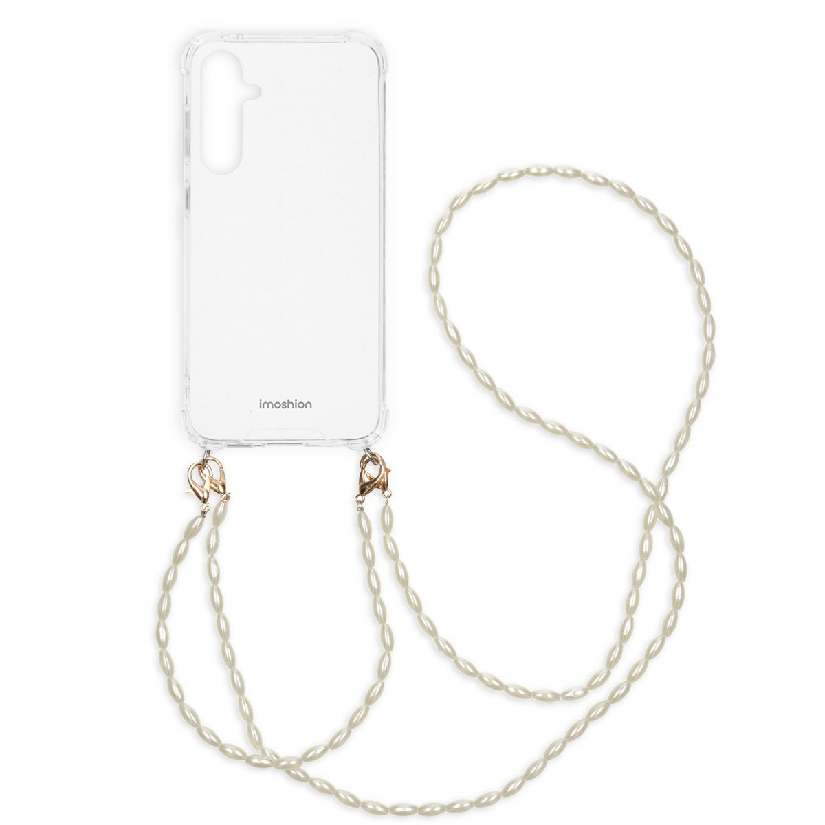 Coque de téléphone transparente avec lanière de perles. Fermoirs dorés, fond blanc.