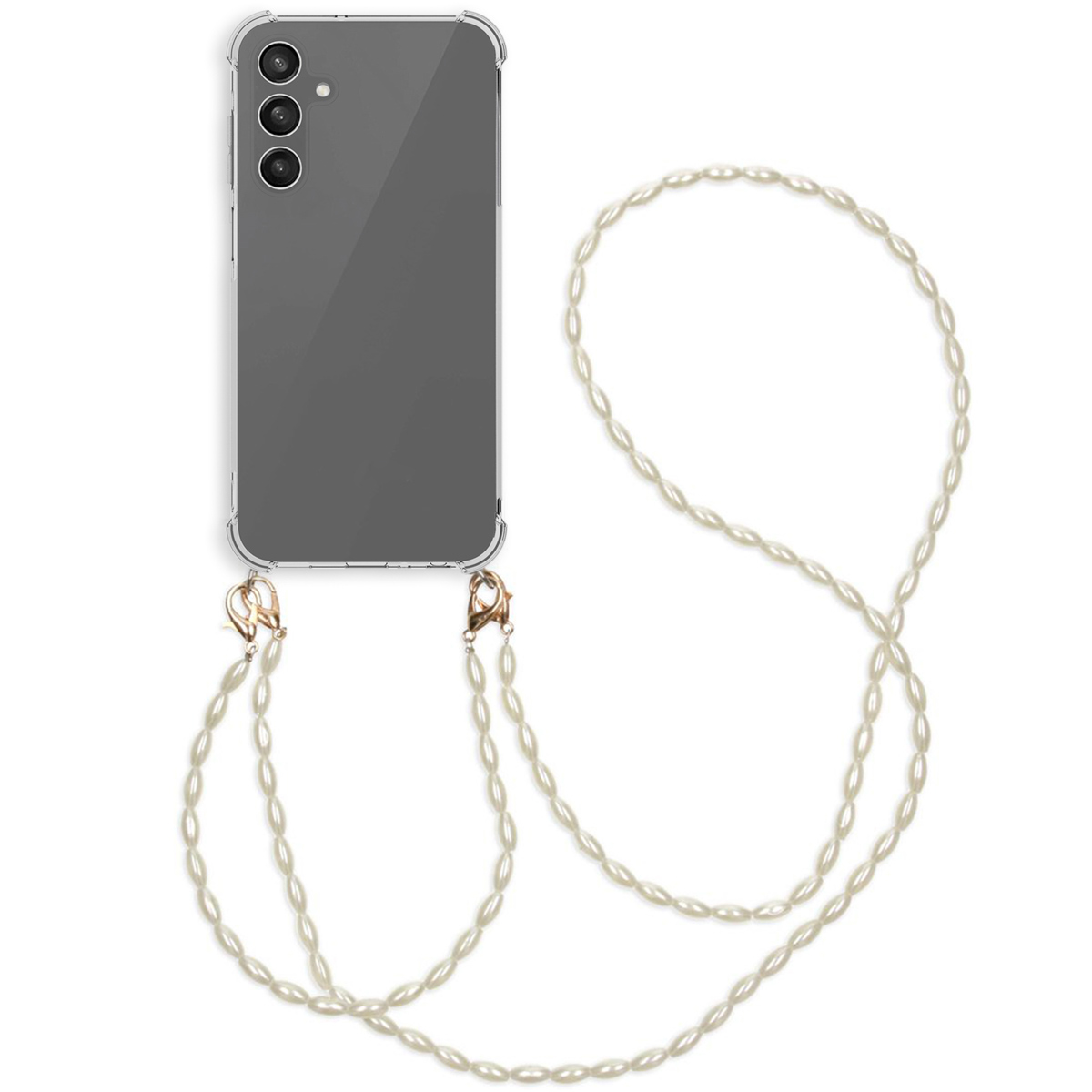 Telefono con custodia trasparente e cinturino di perle. Chiusure dorate fissano il cinturino. Sfondo bianco.
