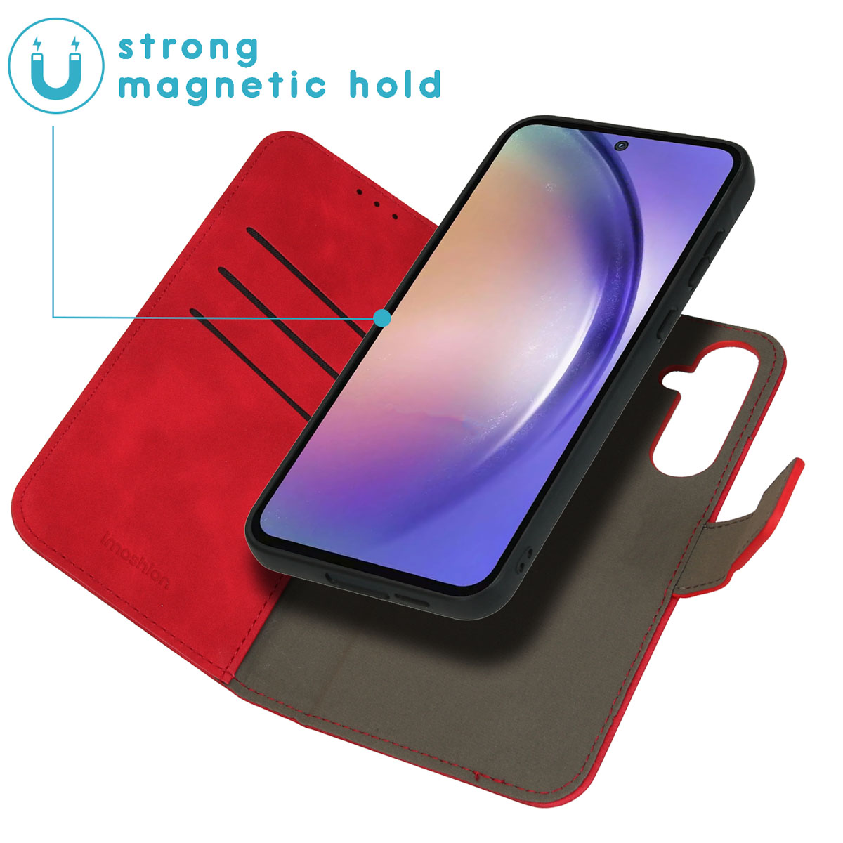 Étui portefeuille rouge avec téléphone noir et forte attache magnétique.