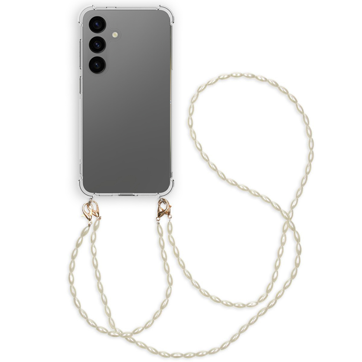 Telefono con custodia a collana di perle, su sfondo bianco.
