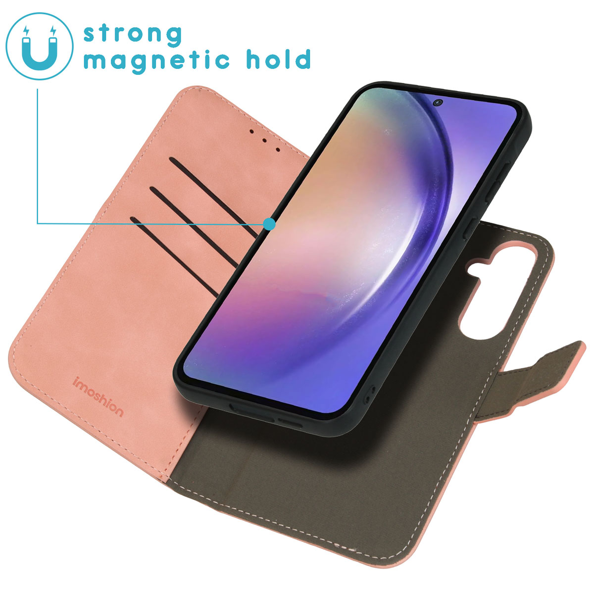 Roze telefoonhoes open, toont telefoon met scherm. Sterke magnetische hold afbeelding.