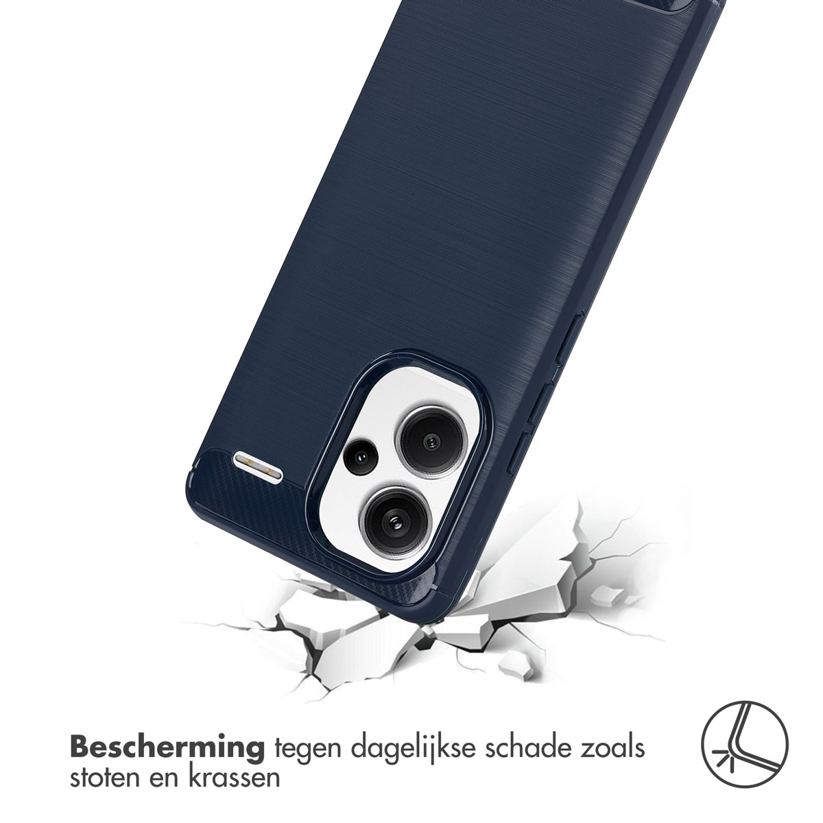 Coque de téléphone tombant, avec des fissures en dessous. Texte : Protection contre les dommages.