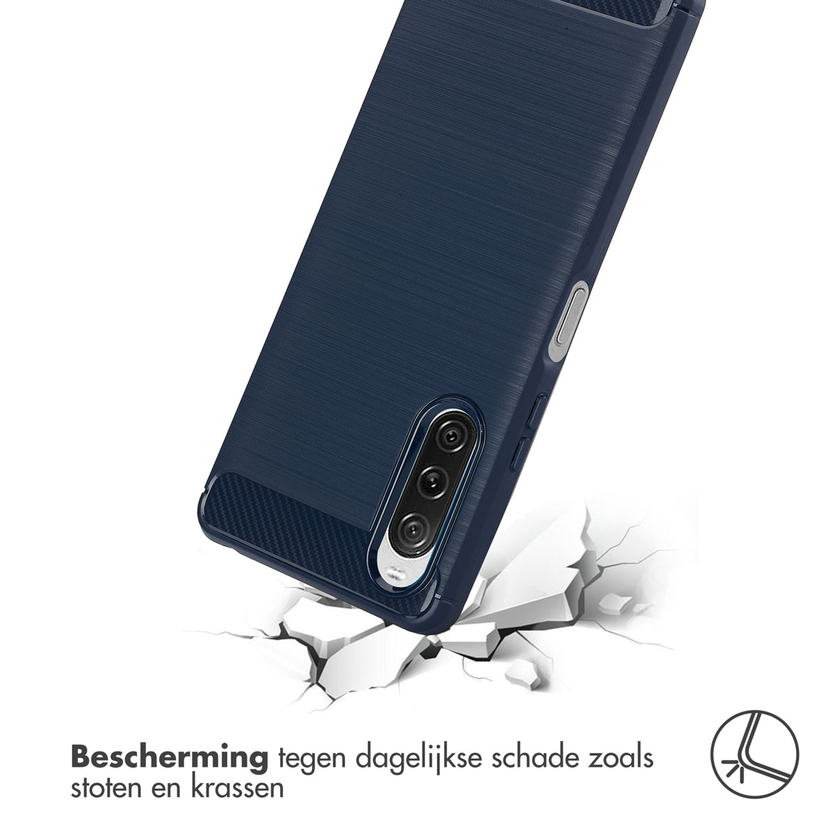 Blauwe telefoonhoes met een getextureerd oppervlak, getoond over gebroken wit oppervlak.