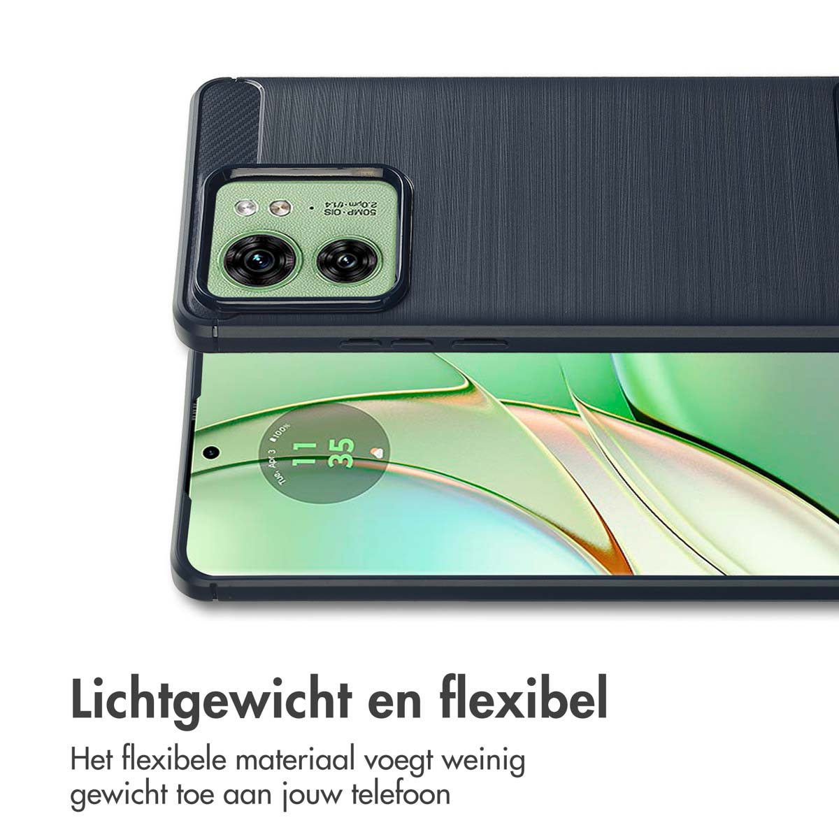Een close-up van een telefoonhoesje over een telefoon, met tekst die de lichtgewicht en flexibele eigenschappen beschrijft.