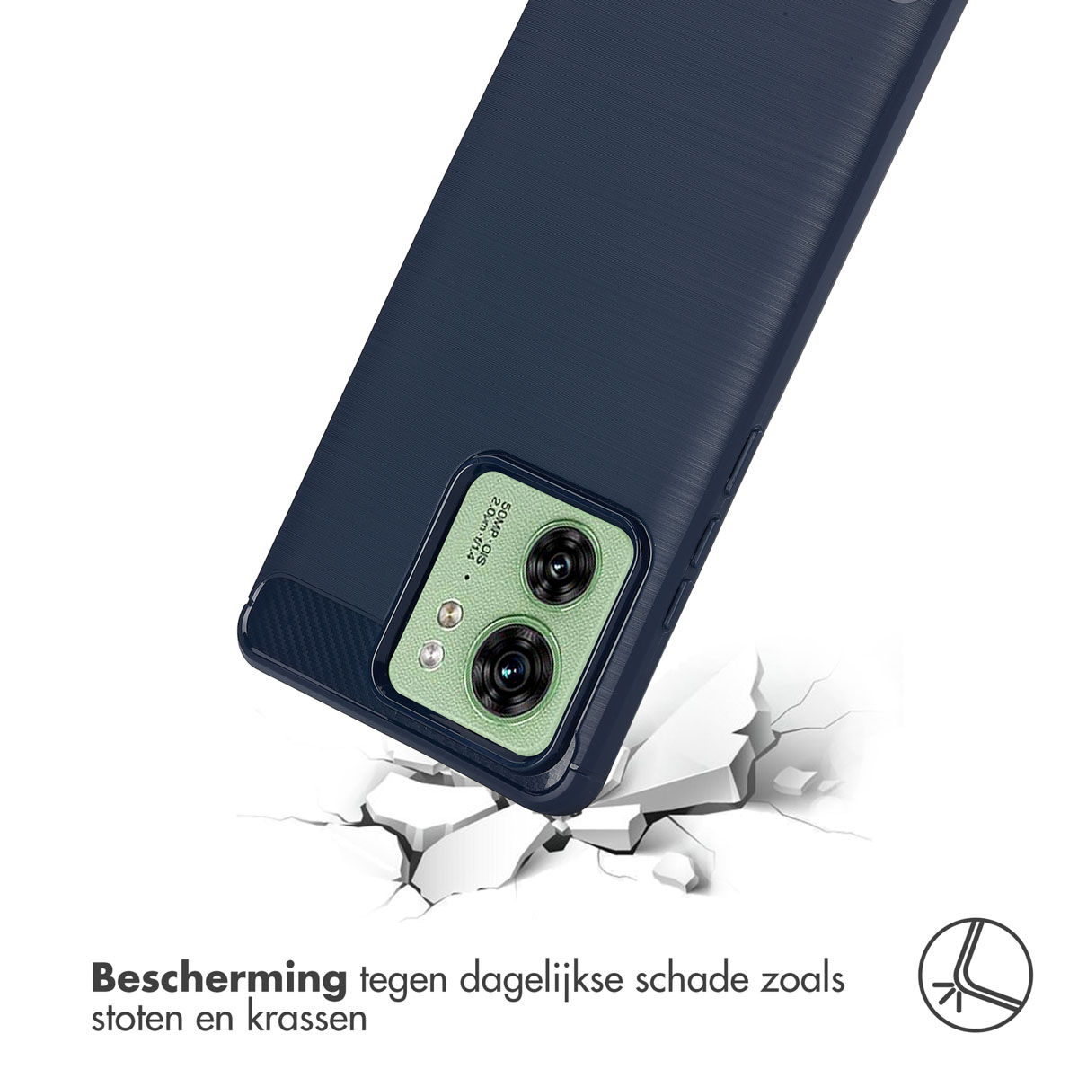 Een marineblauwe telefoonhoes. De telefoon valt en de hoes breekt de grond.