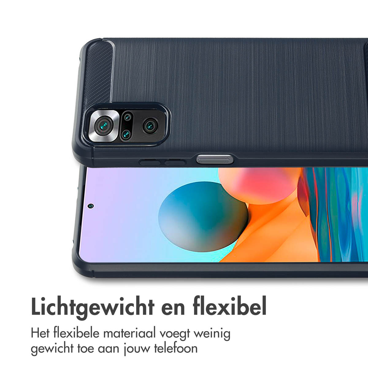 Coque de téléphone bleu foncé avec un téléphone, montrant l'appareil photo et l'écran.