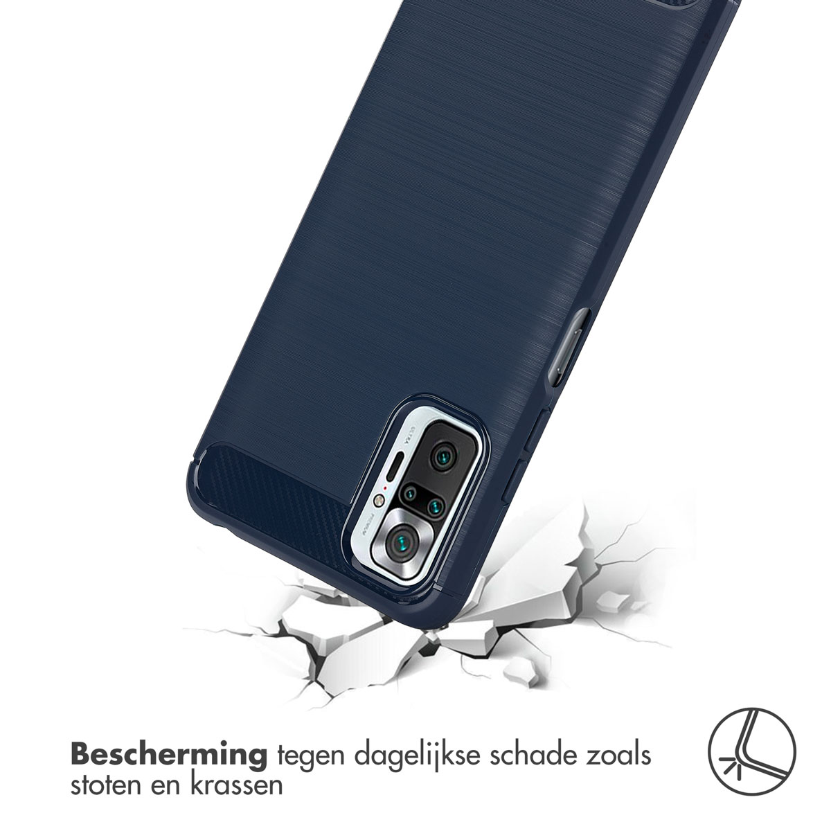 Une coque de téléphone sur un téléphone, avec du texte sur la protection contre les dommages quotidiens tels que les chocs et les rayures.