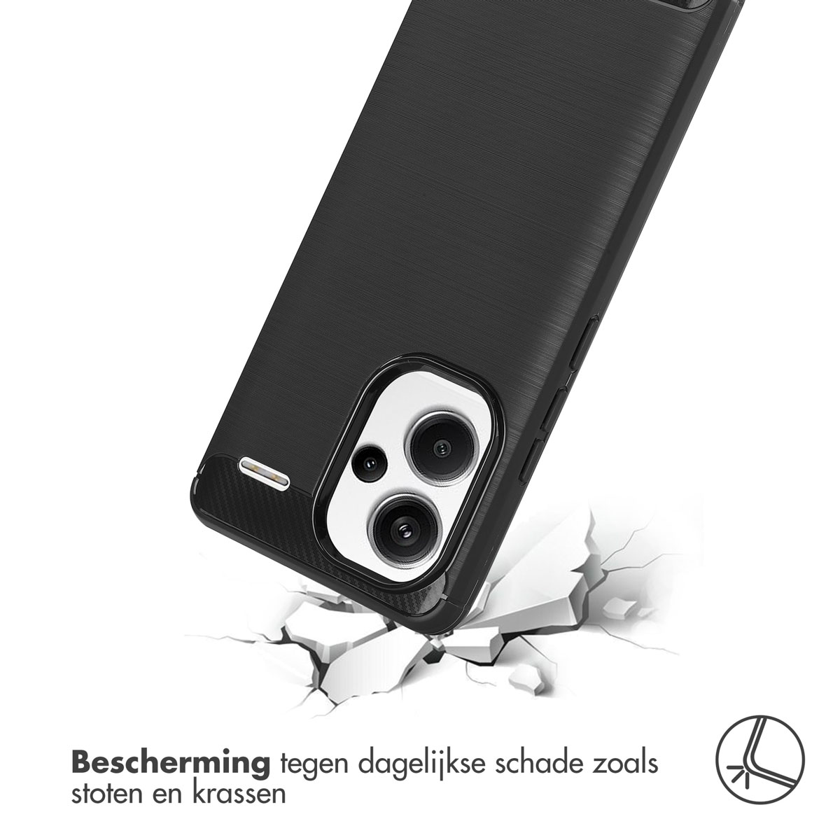 Een zwarte telefoonhoes met een telefoon, die valt. De hoes zegt bescherming tegen dagelijkse schade.