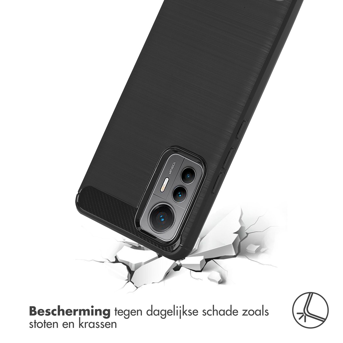 Une coque de téléphone tombe sur un sol fissuré, avec du texte sur la protection.