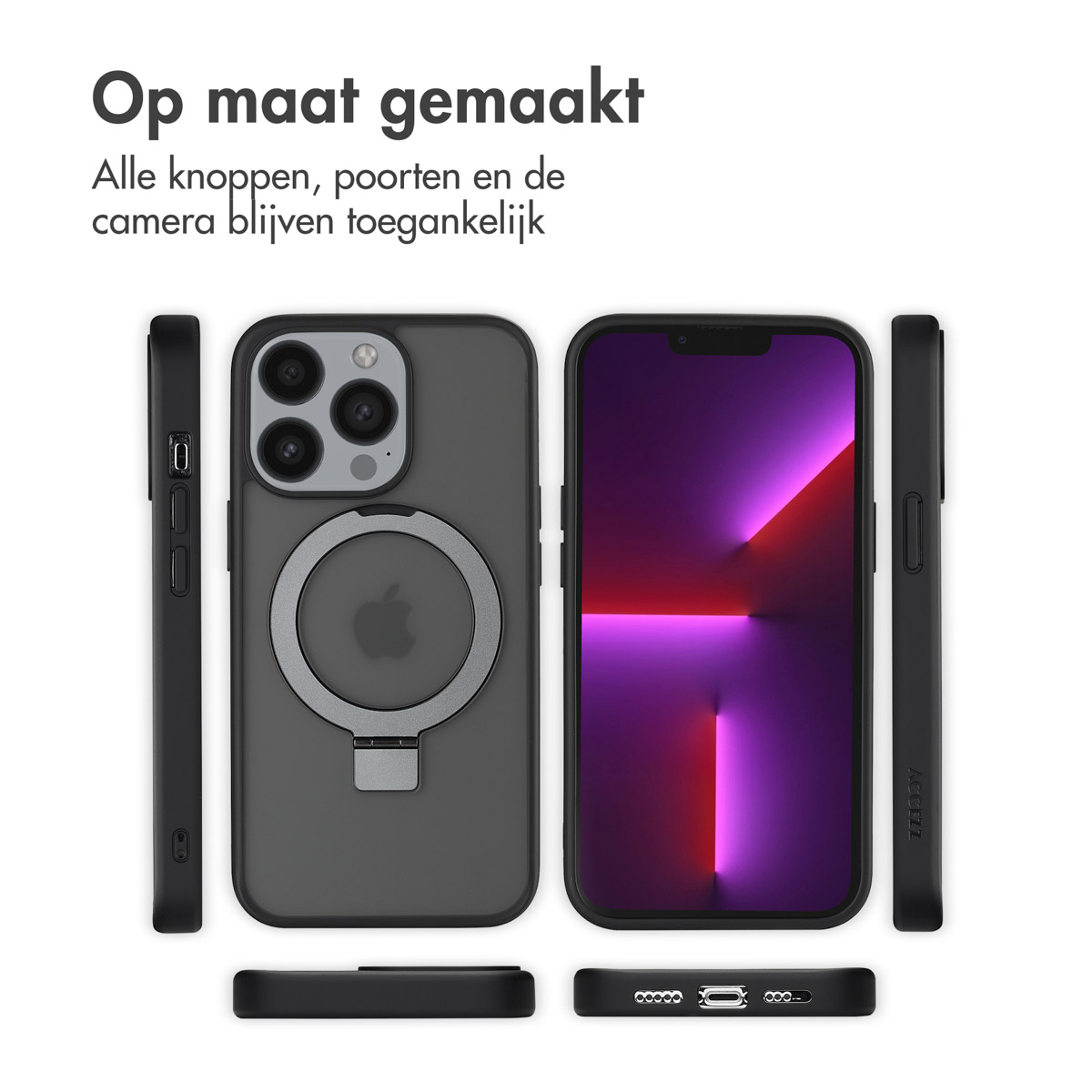 Een iPhone in een donkergrijze hoes met een zilveren ring.