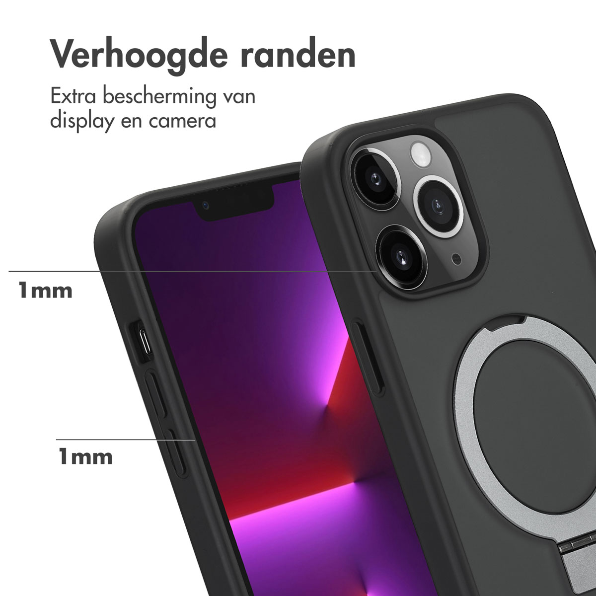Zwarte telefoonhoes met een telefoon erin. De hoes heeft verhoogde randen rond het scherm.