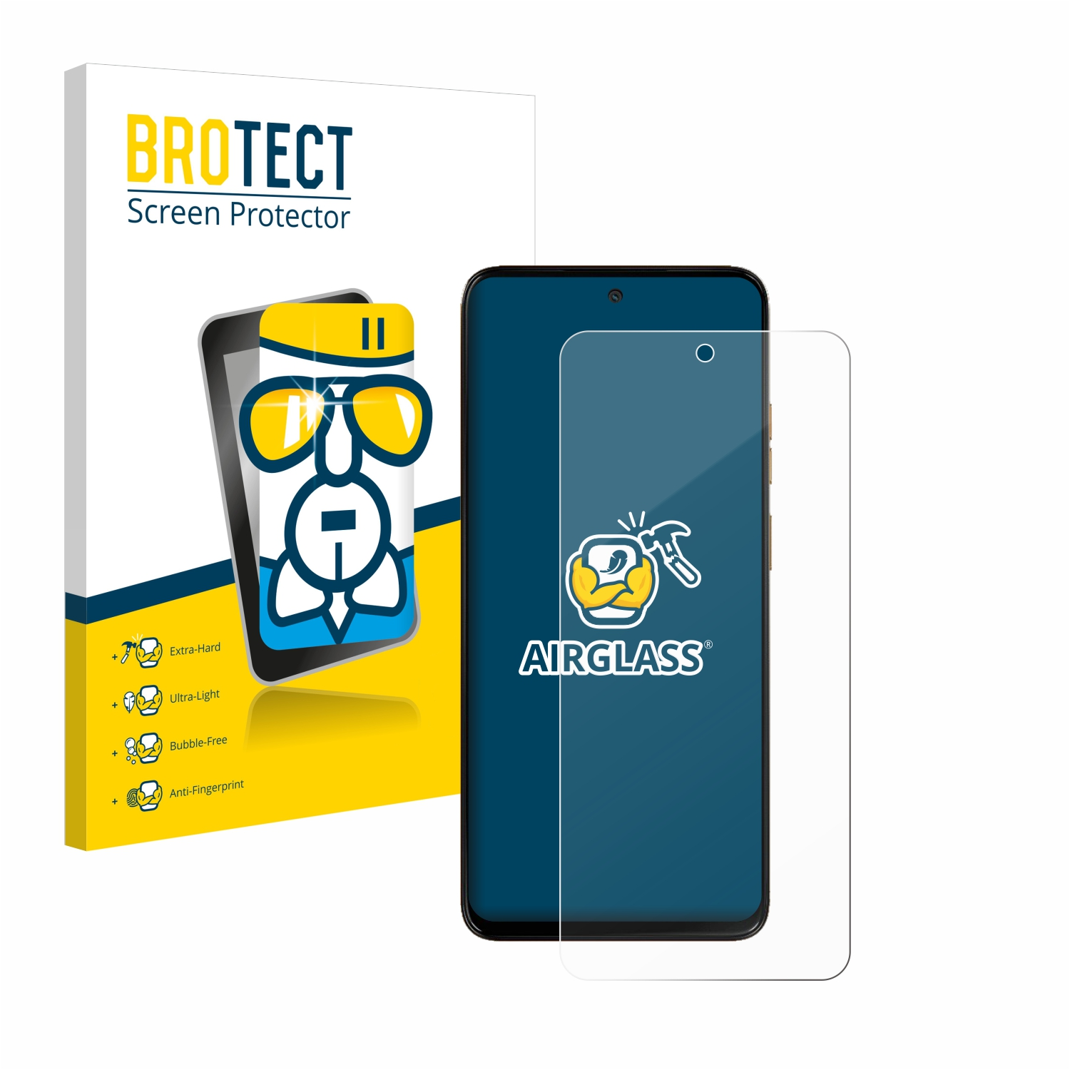 Ein Smartphone mit Displayschutz und Verpackung, wobei der Displayschutz auf dem Telefon angebracht ist.
