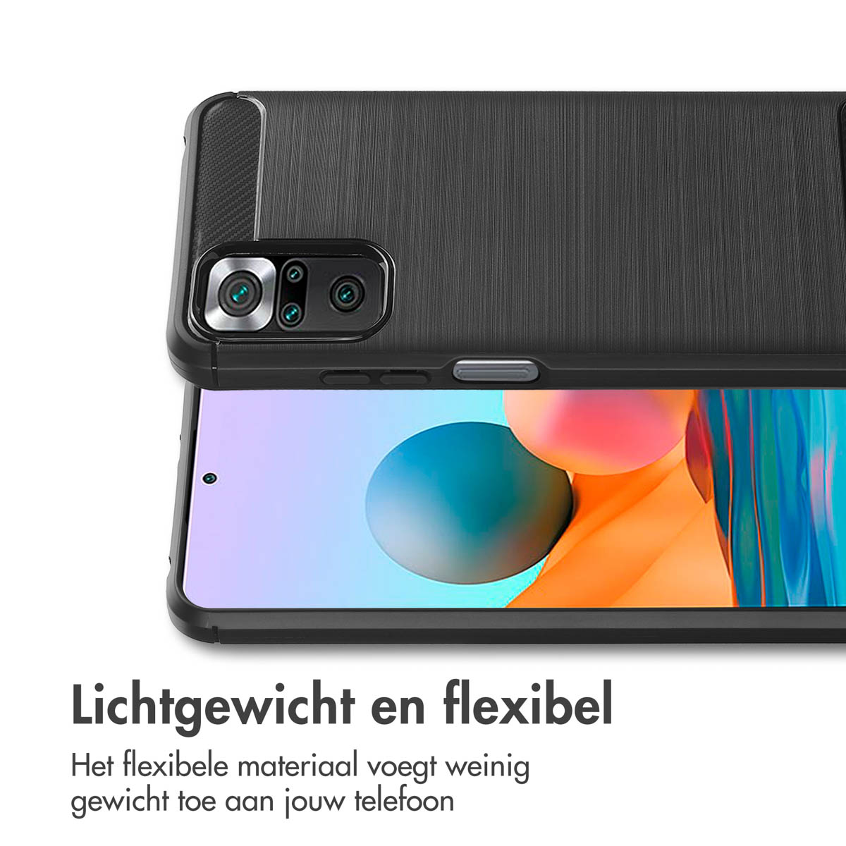 Een zwarte telefoonhoes op een telefoon, met een beschrijving van de kenmerken.