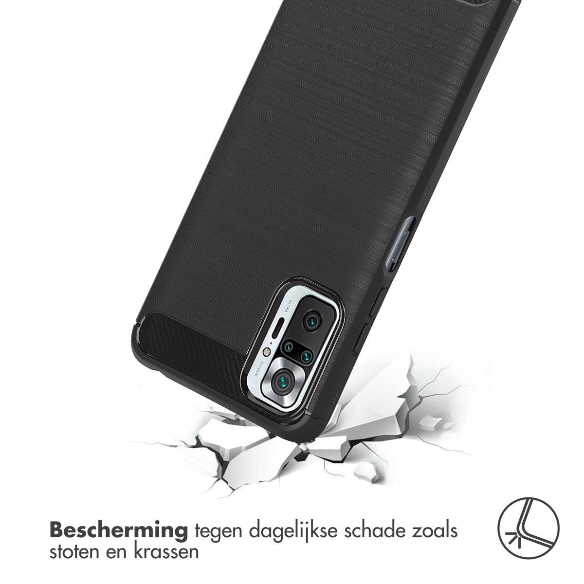 Zwarte telefoonhoes op een wit oppervlak. De hoes heeft een getextureerde afwerking en impactbescherming.