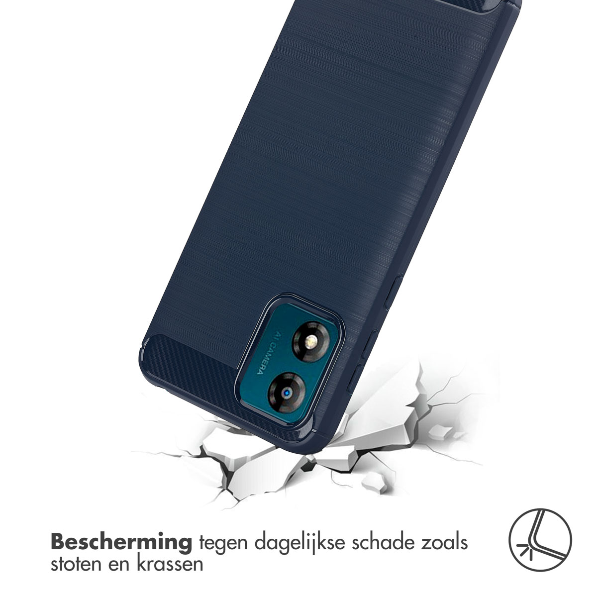 Een telefoonhoesje op een telefoon, met tekst over bescherming tegen dagelijkse schade zoals stoten en krassen.