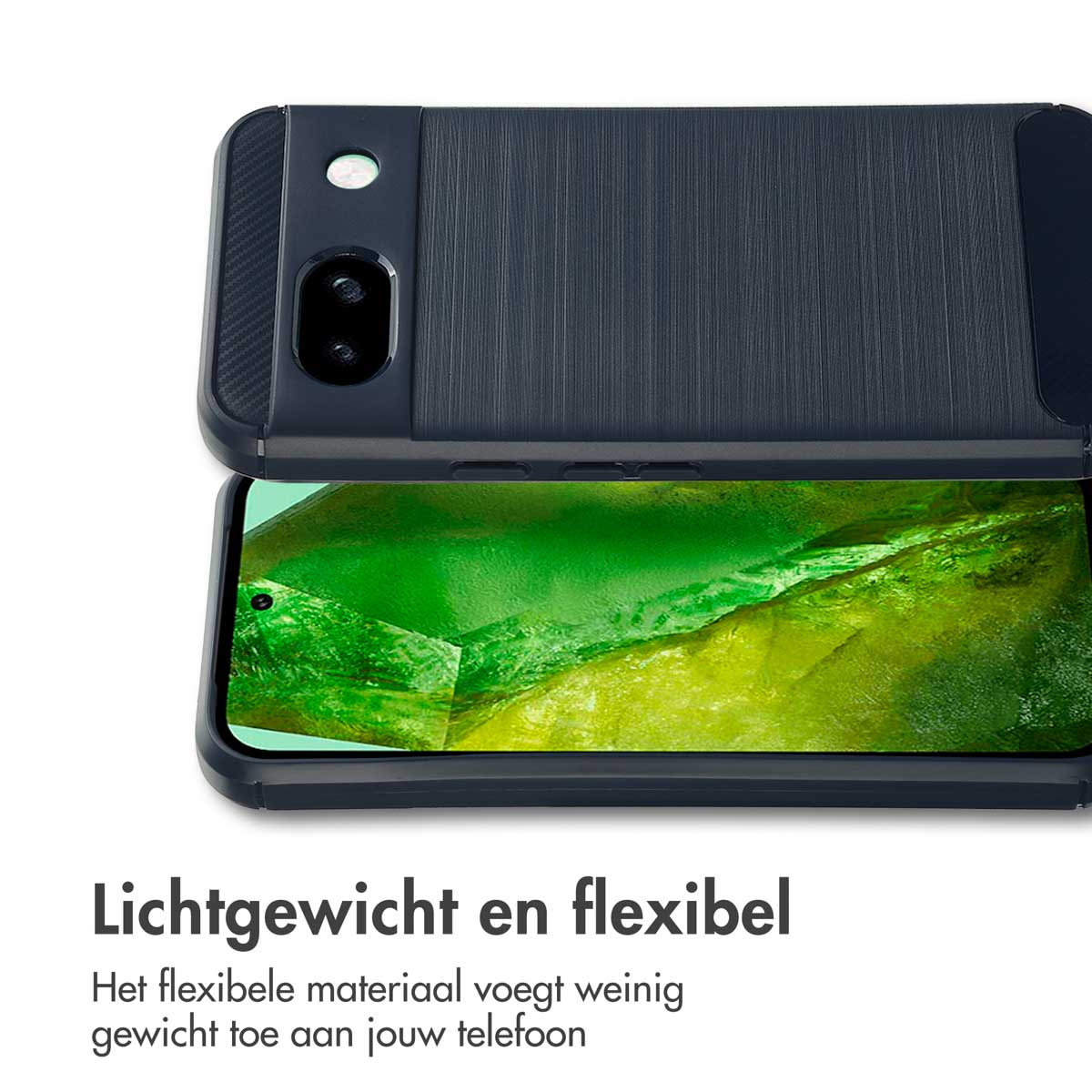Zwarte telefoonhoes met telefoon erin. Tekst: lichtgewicht en flexibel. Groen telefoonscherm zichtbaar.