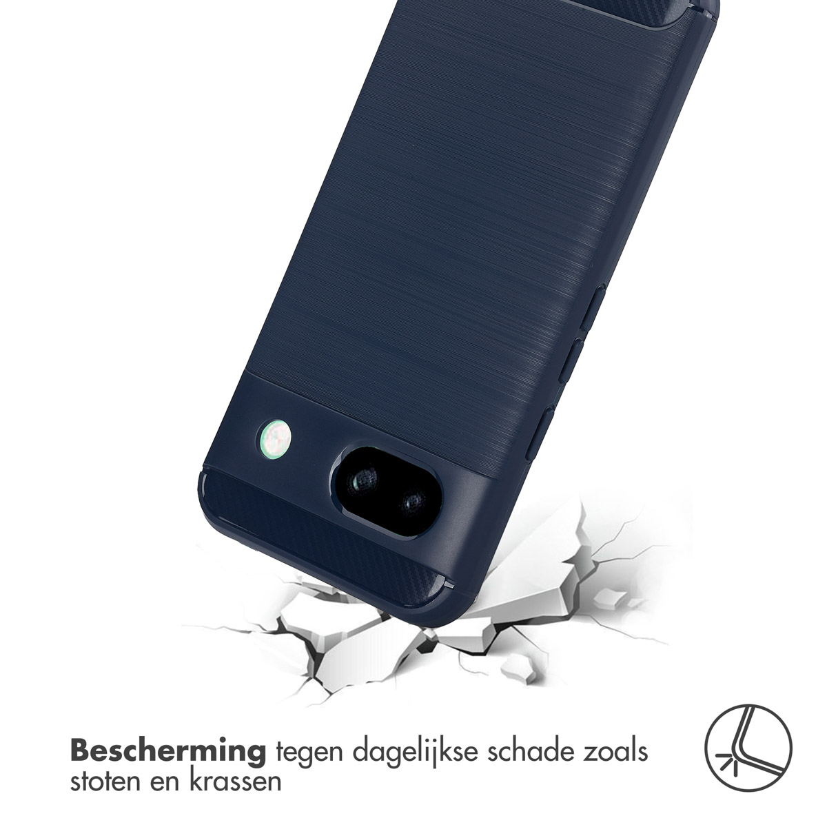 Marineblauwe telefoonhoes. Scheur in de grond en tekst eronder.