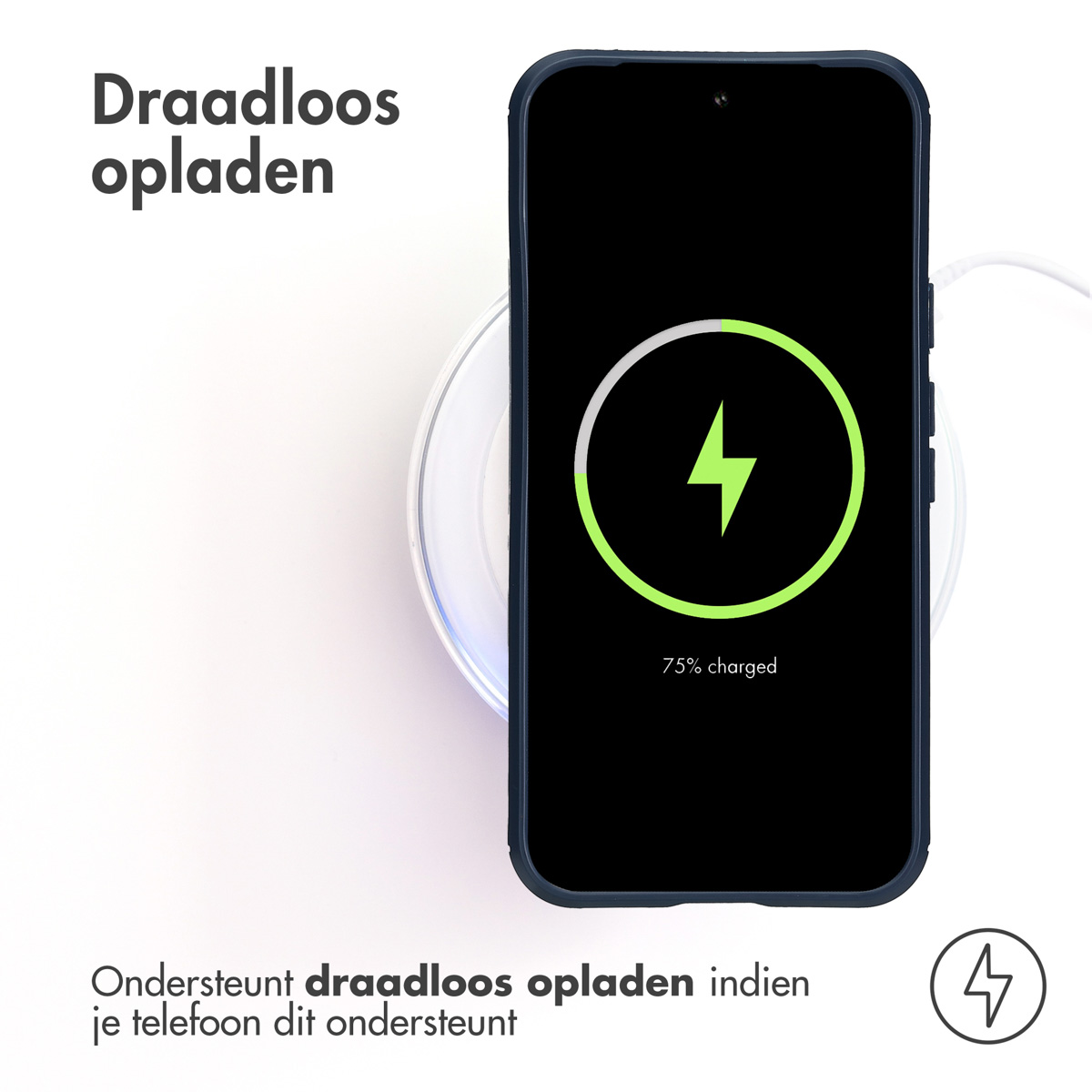 Een telefoon die oplaadt op een draadloze oplader, met 75% opgeladen. Tekst: Ondersteunt draadloos opladen.