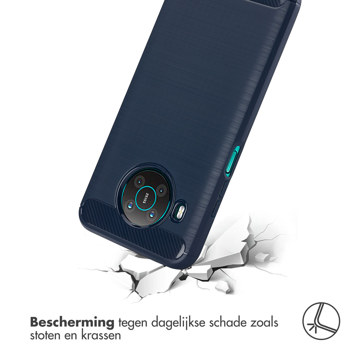 Eine Handyhülle mit blauem Cover und einer zerbrochenen weißen Oberfläche mit Text darunter.