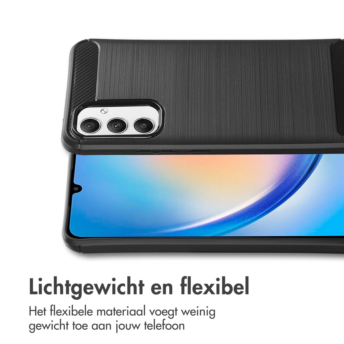 Primo piano di custodia con texture nera e schermo del telefono. Testo: 'leggero e flessibile'.
