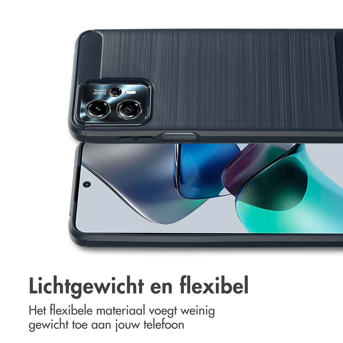 Une coque de téléphone bleu marine, gros plan avec le texte 'Lichtgewicht en flexibel' et un téléphone à l'intérieur.