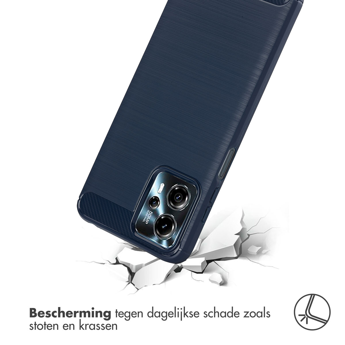 Une coque de téléphone bleue avec une surface texturée sur une surface blanche fissurée.