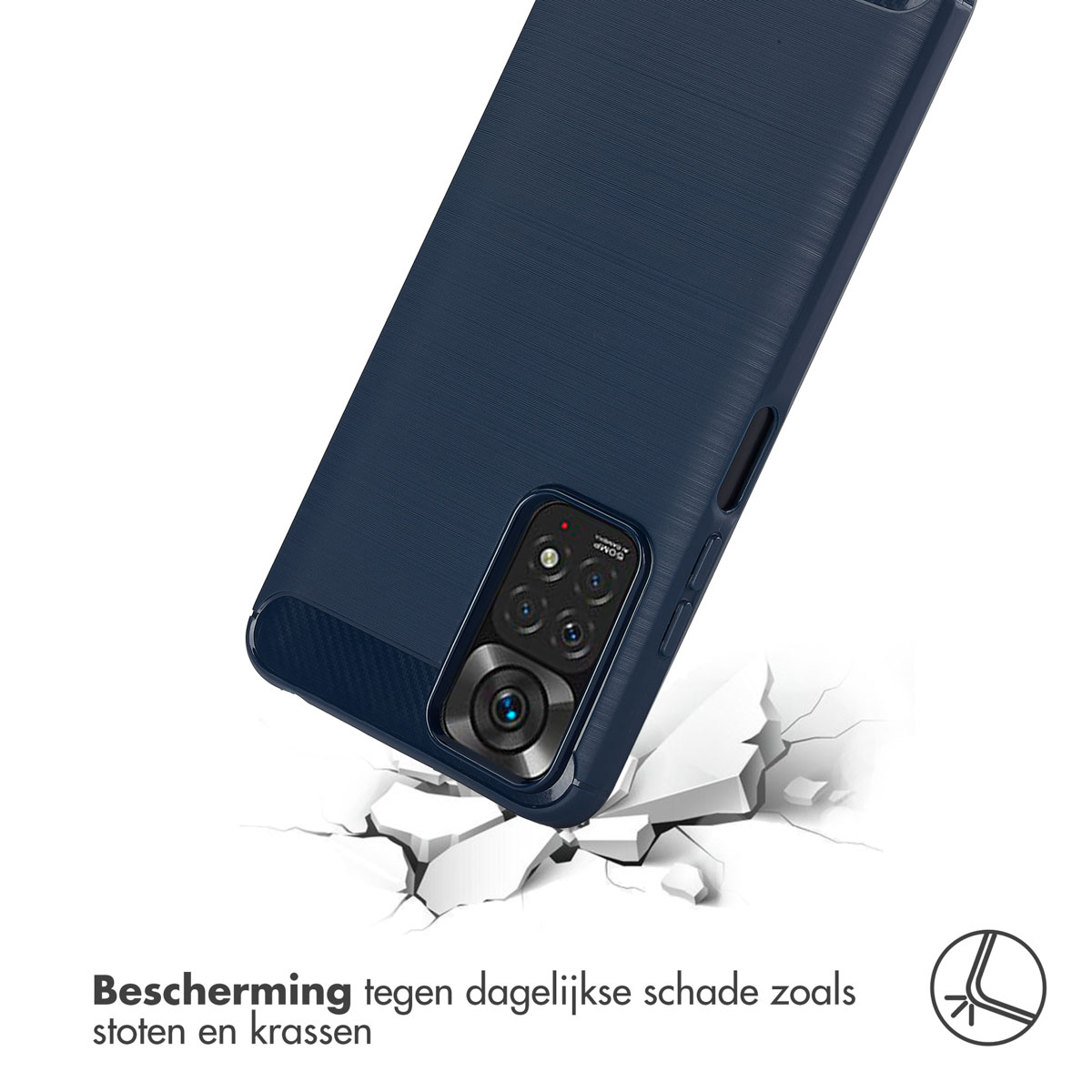 Coque de téléphone bleu marine avec un téléphone, montrant un impact d'écran fissuré et un coin protecteur.