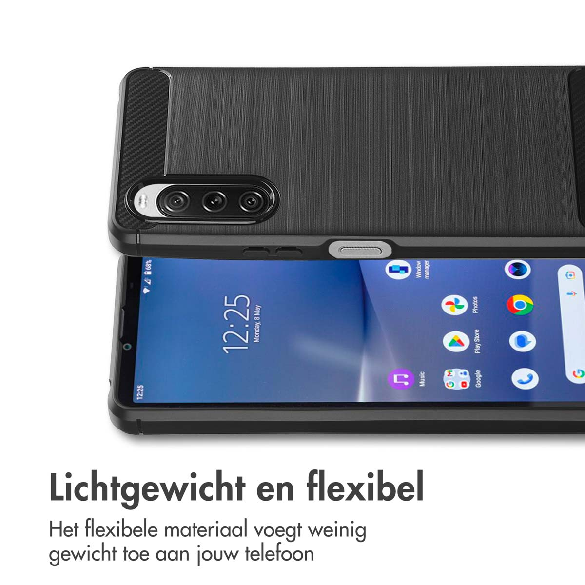 Une coque de téléphone noire sur un téléphone, avec une description de ses caractéristiques.