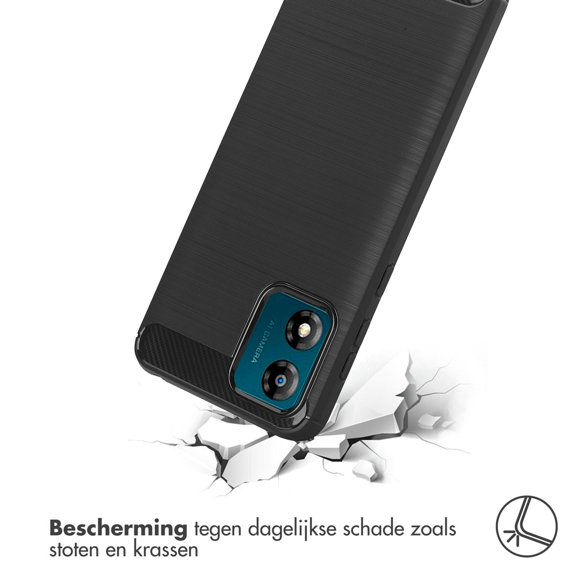 Telefoon in een hoesje valt op een oppervlak, met een gebarsten oppervlak.