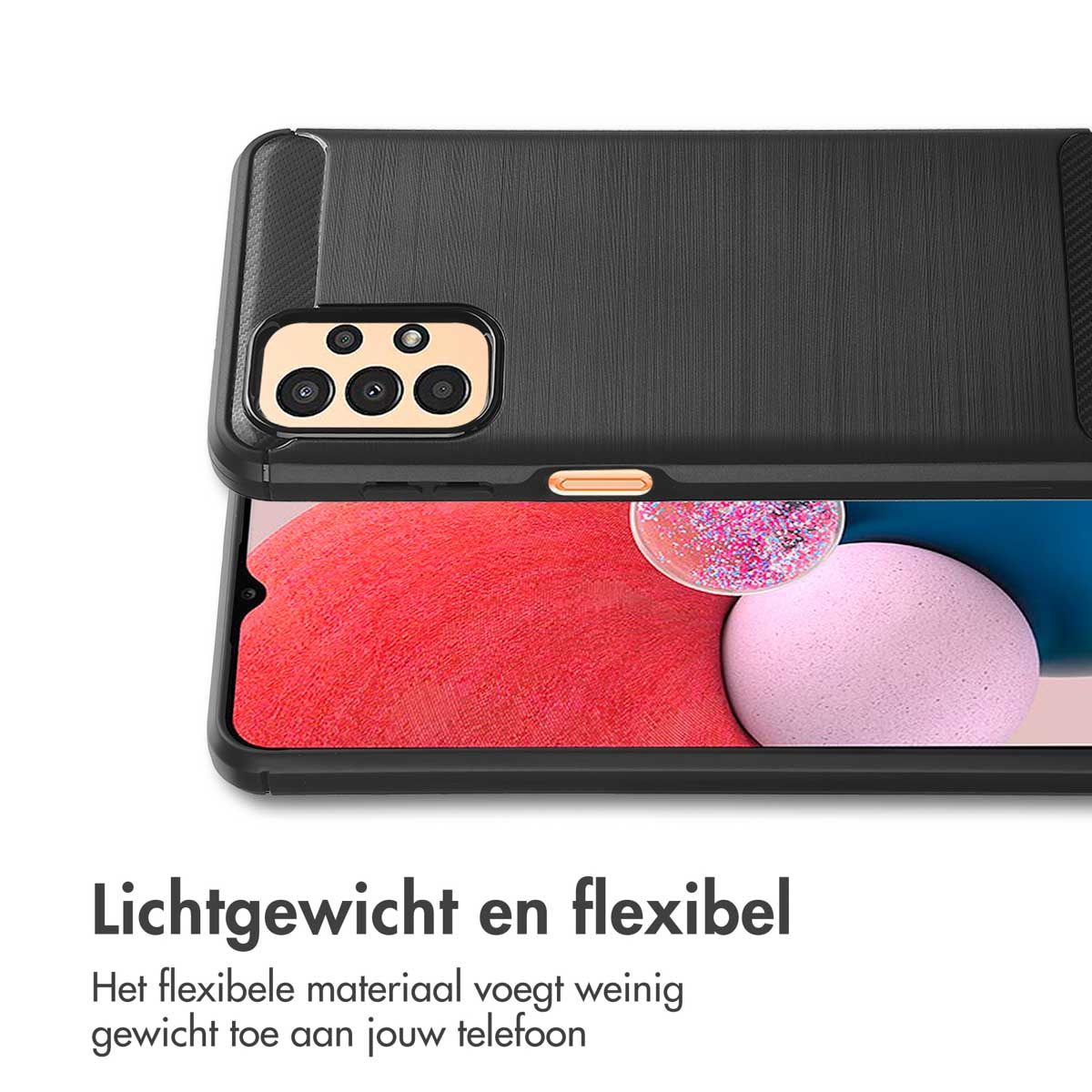 Zwarte telefoonhoes met telefoonscherm. Tekst: 'Lichtgewicht en flexibel'.