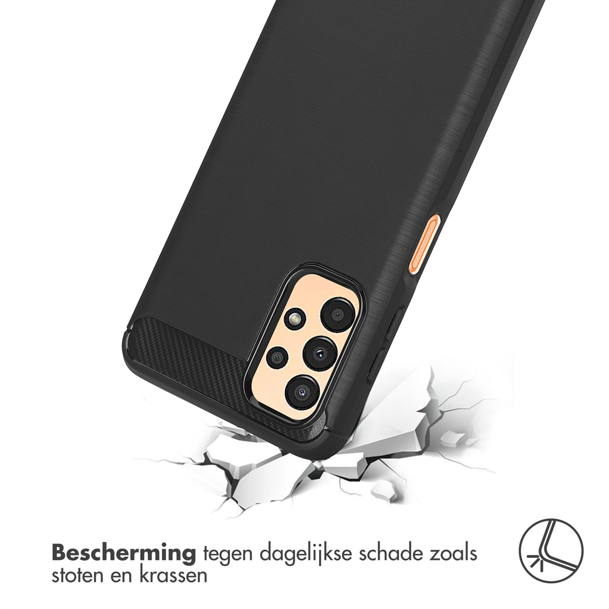 Zwarte telefoonhoes op een gebroken oppervlak; de telefoon ligt op de grond.
