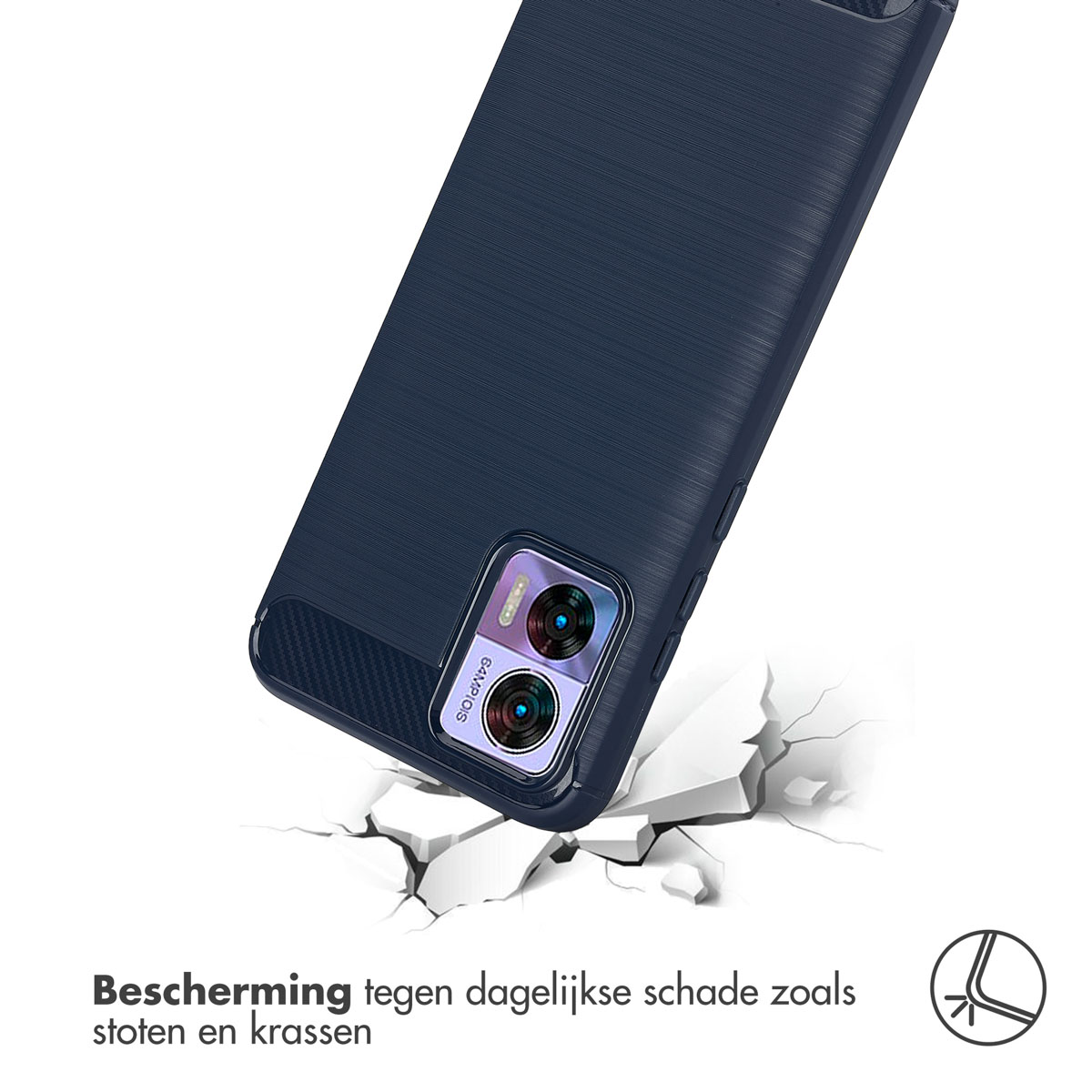 Marineblauwe telefoonhoes op een gebarsten oppervlak.