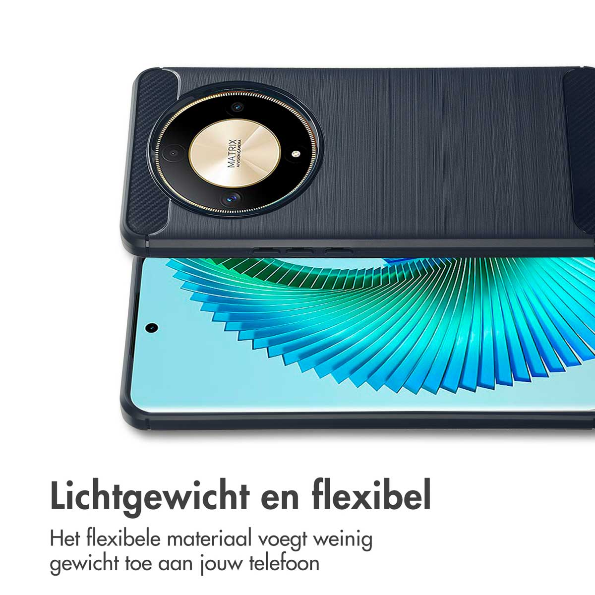 Una custodia blu scuro per telefono con un telefono. La custodia è flessibile e leggera. Dettagli del prodotto evidenziati.