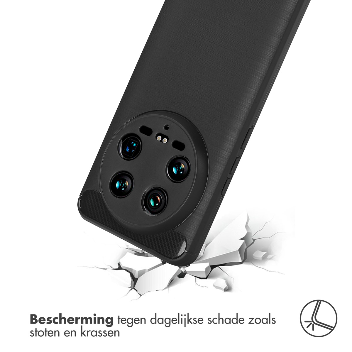 Custodia per telefono nera con sporgenza della fotocamera. Rompe la superficie. Testo: 'Bescherming tegen dagelijkse schade'.