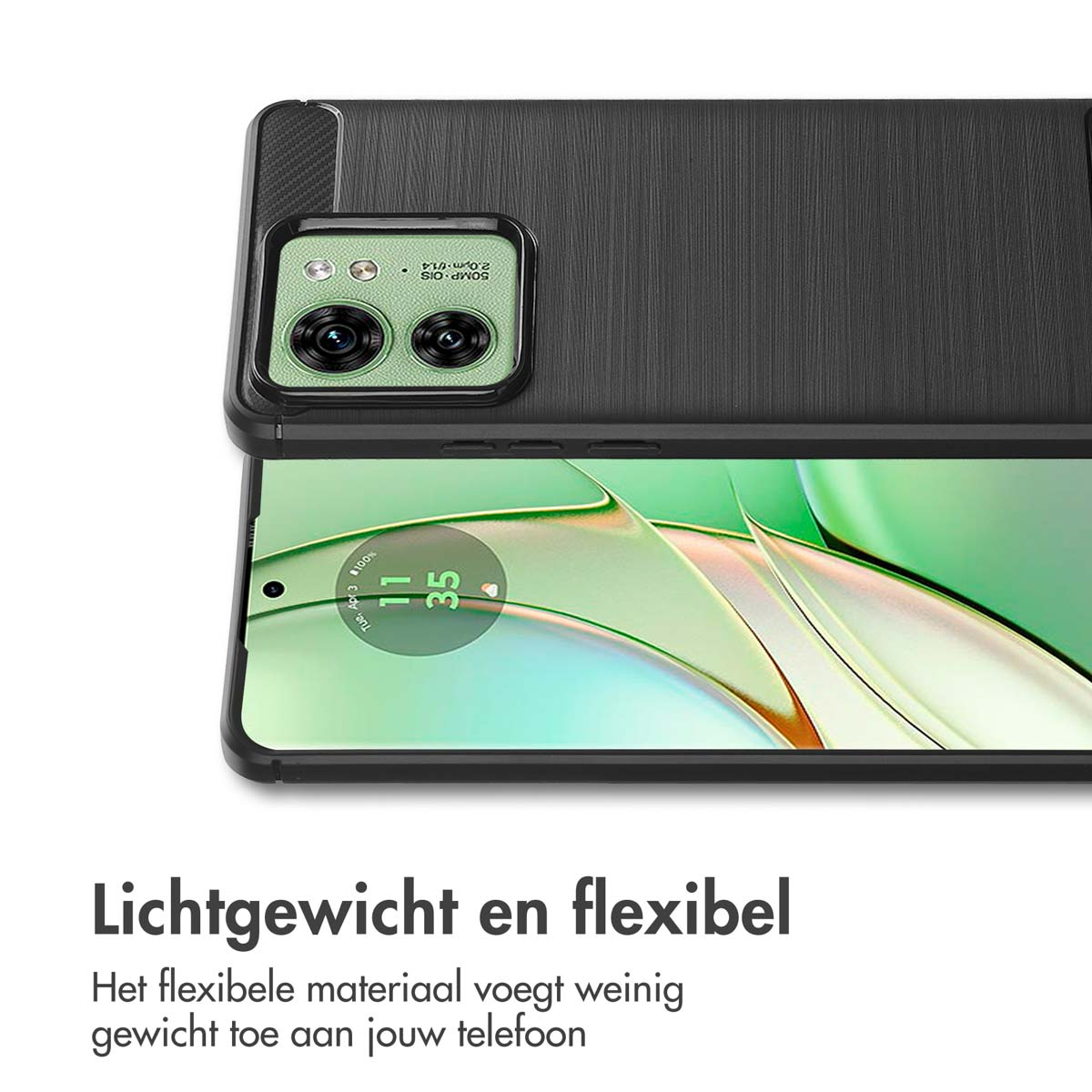 Close-up van een zwarte telefoon op een zwarte hoes. Tekst in het Nederlands: lichtgewicht en flexibel.