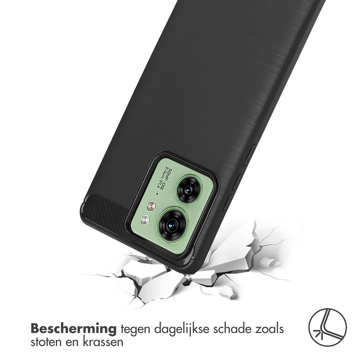 Zwarte telefoonhoes die een telefoon beschermt, op een gebarsten wit oppervlak. De hoes heeft dubbele camera's.
