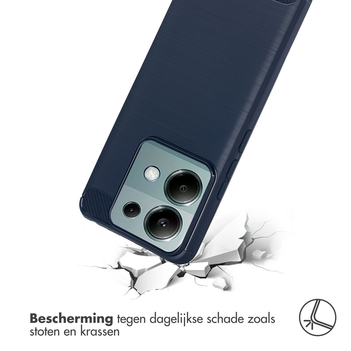 Eine Handyhülle fällt auf zerbrochenen Boden, mit Text über Schutz.