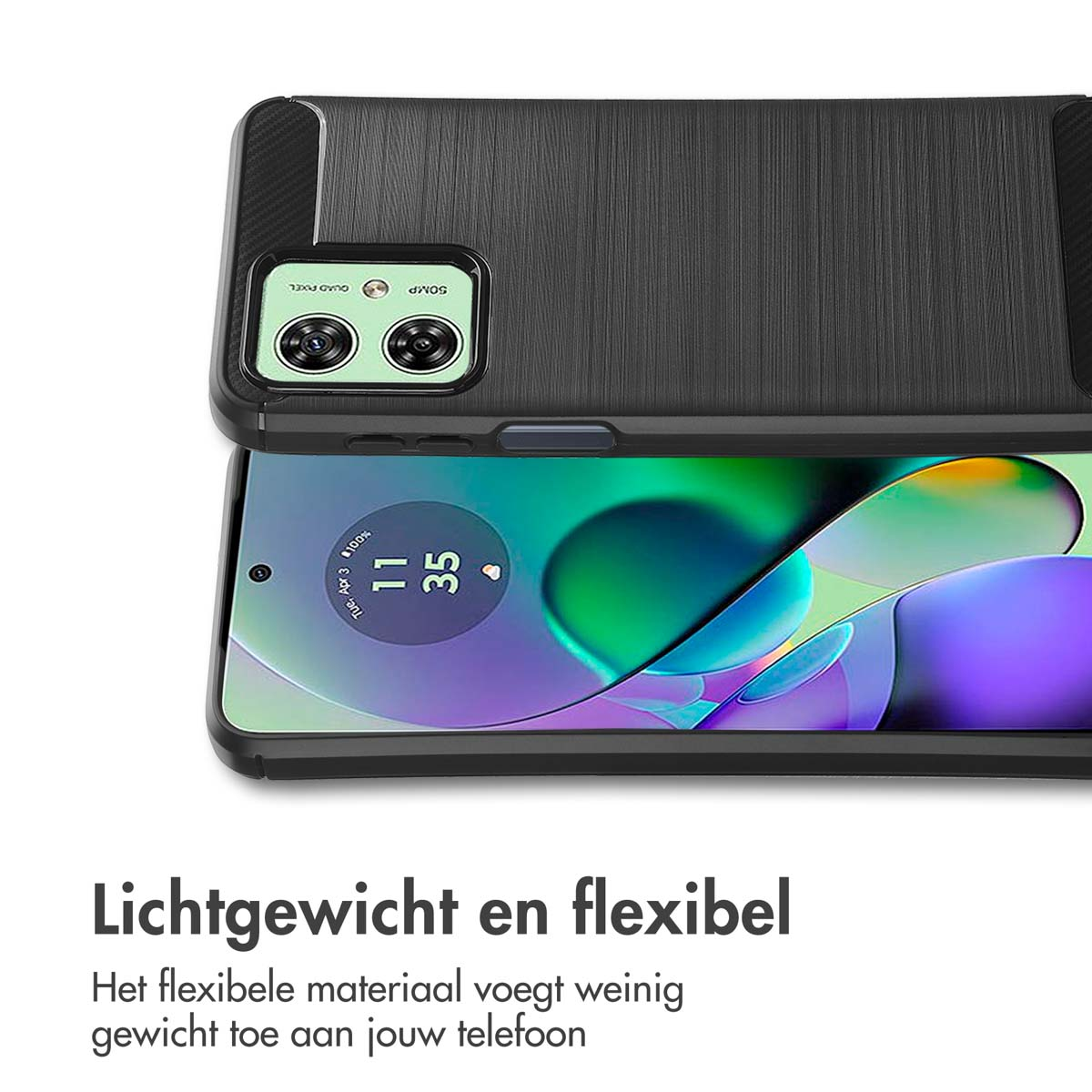 Een telefoonhoesje met een telefoon erin, met tekst over lichtgewicht en flexibel.