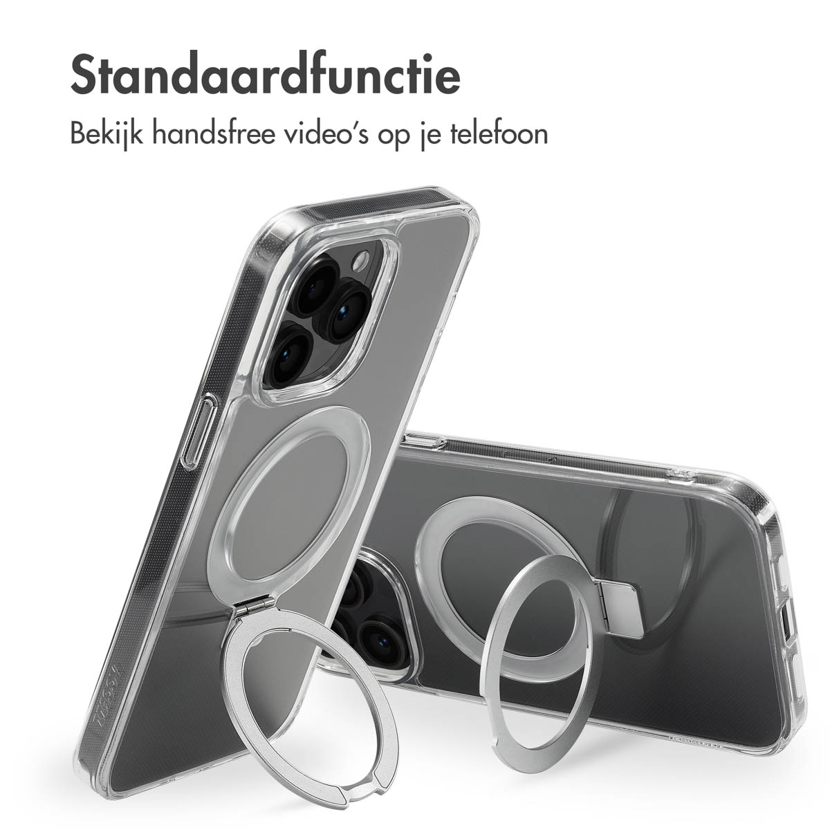 Twee doorzichtige telefoonhoesjes met ringhouders, één staand en één plat.