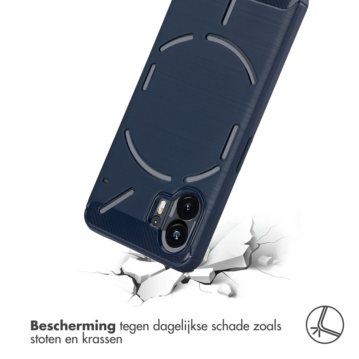 Custodia per telefono blu scuro, con una trama ruvida e un rigonfiamento della fotocamera, che rompe una superficie.